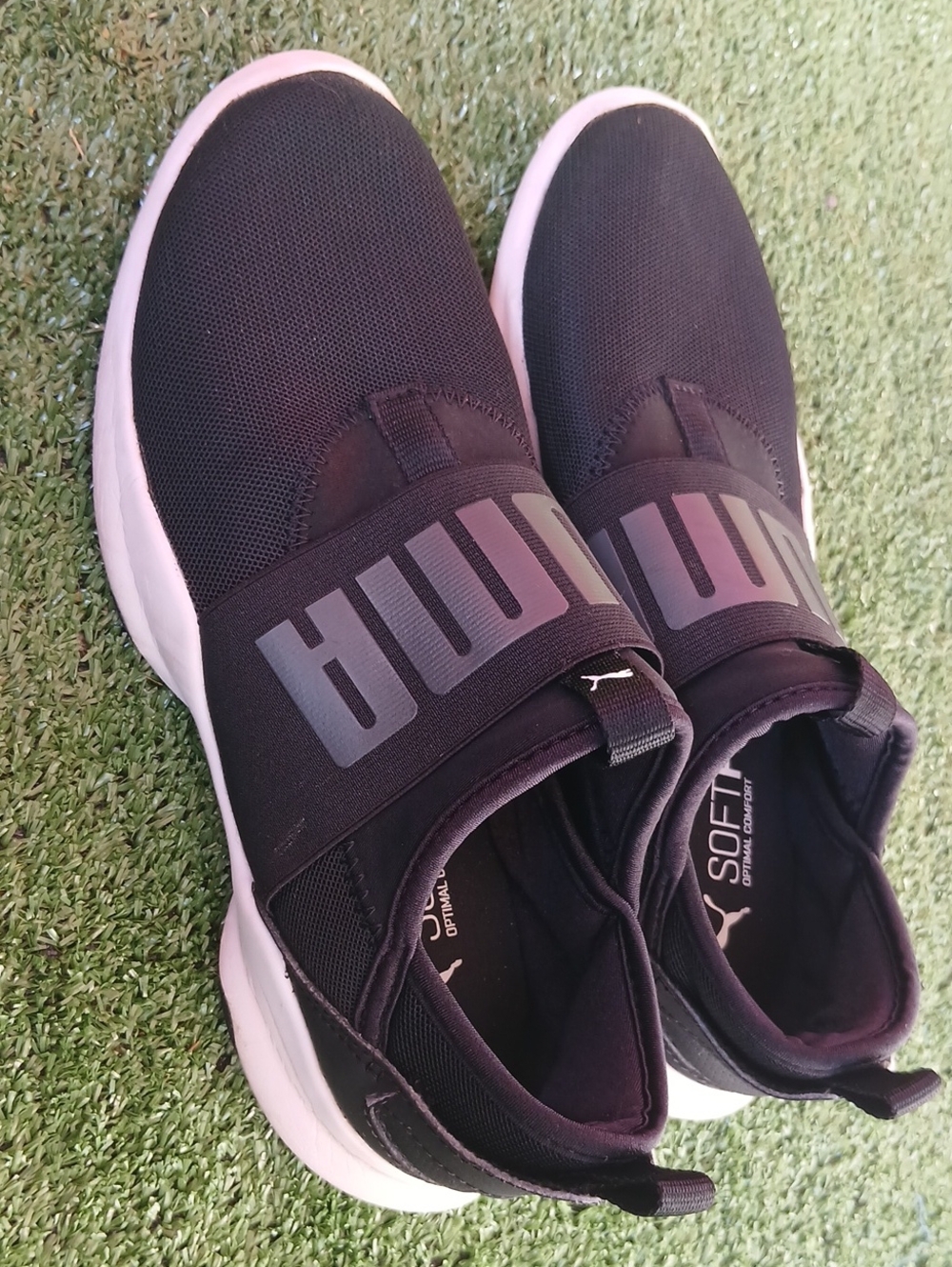 Puma Women’s Black Slip-On Sneakers with White Soles and Logo Strap Size 8.5